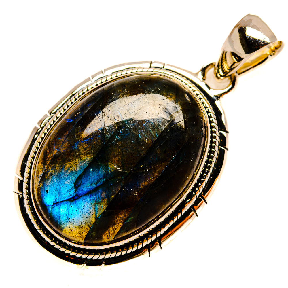 Oval labradorite pendant with blue-green flash, antique silver bezel and bail