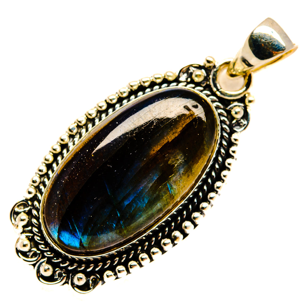 Labradorite gemstone pendant, oval blue flash set in ornate 925 silver frame