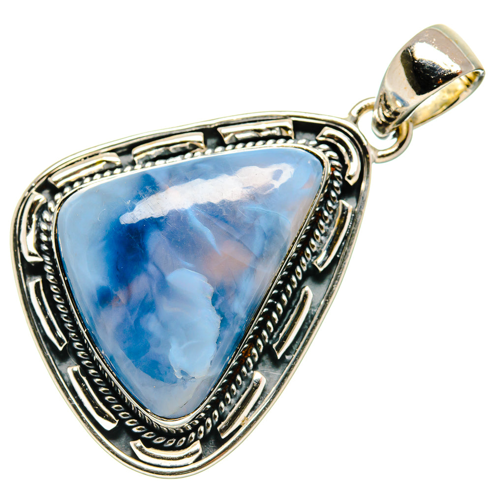 Triangular blue opal pendant with ornate border and 925 sterling silver bail loop