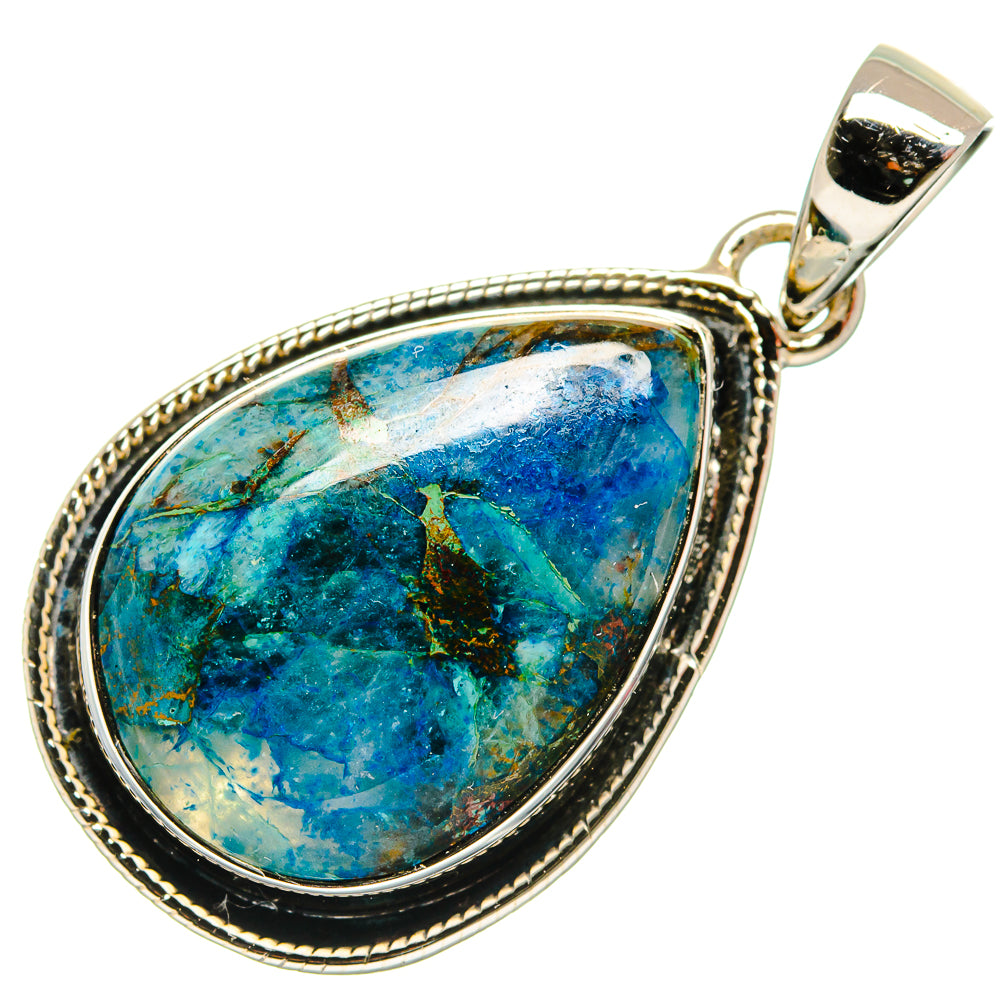 Apatite teardrop pendant with blue-green apatite stone bezel and sterling silver bail, angled view