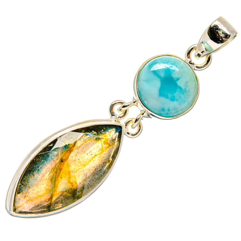 Sterling silver pendant with oval blue larimar and multicolor labradorite stones