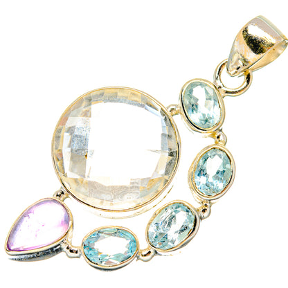 Sterling silver pendant with large round stone, blue topaz ovals, and amethyst teardrop