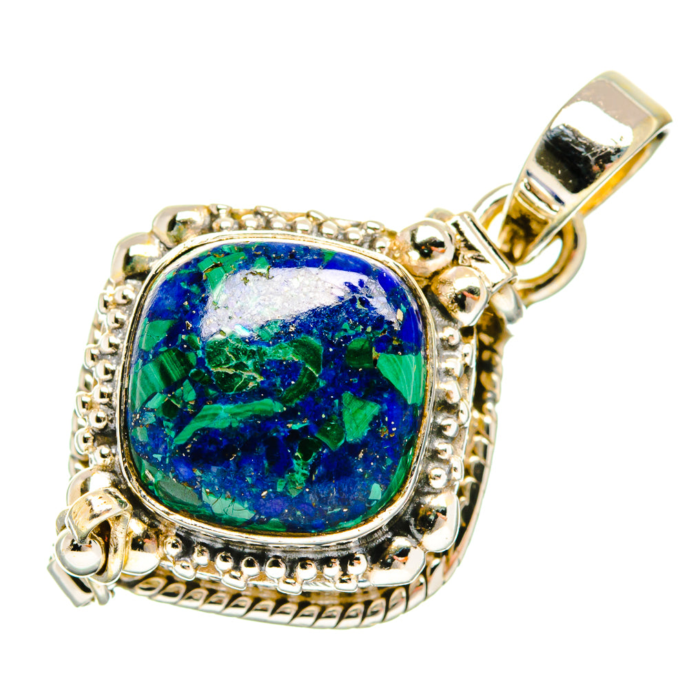 Sterling silver azurite pendant with round-oval blue and green stone, ornate surround
