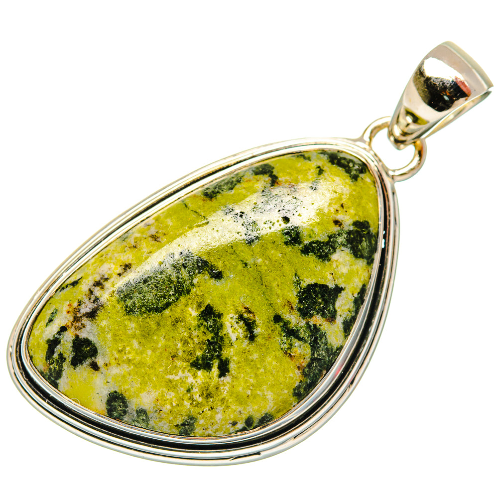 Rainforest jasper sterling silver teardrop pendant, green-yellow speckled cabochon