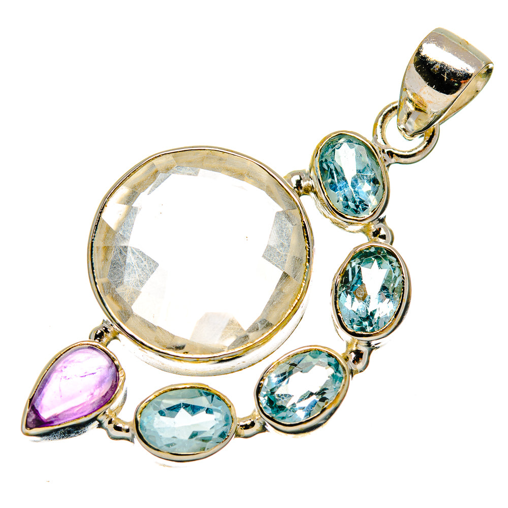 Sterling silver pendant with round clear stone, blue oval stones, and purple teardrop