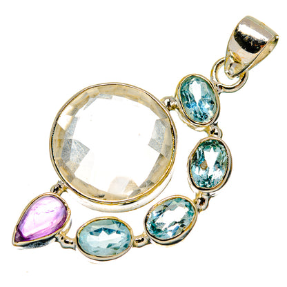Sterling silver pendant with round clear stone, blue oval stones, and purple teardrop