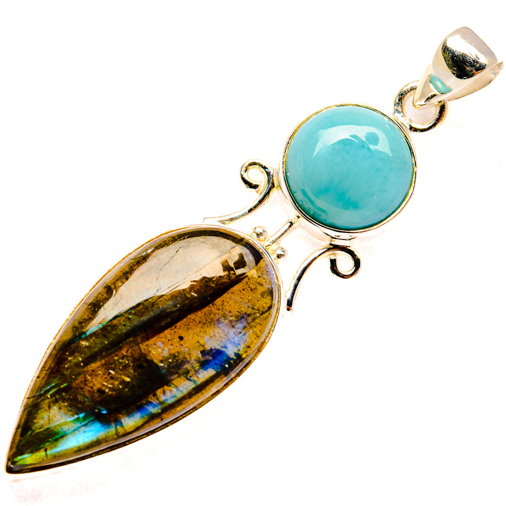 Sterling silver pendant: labradorite teardrop with round blue larimar cabochon