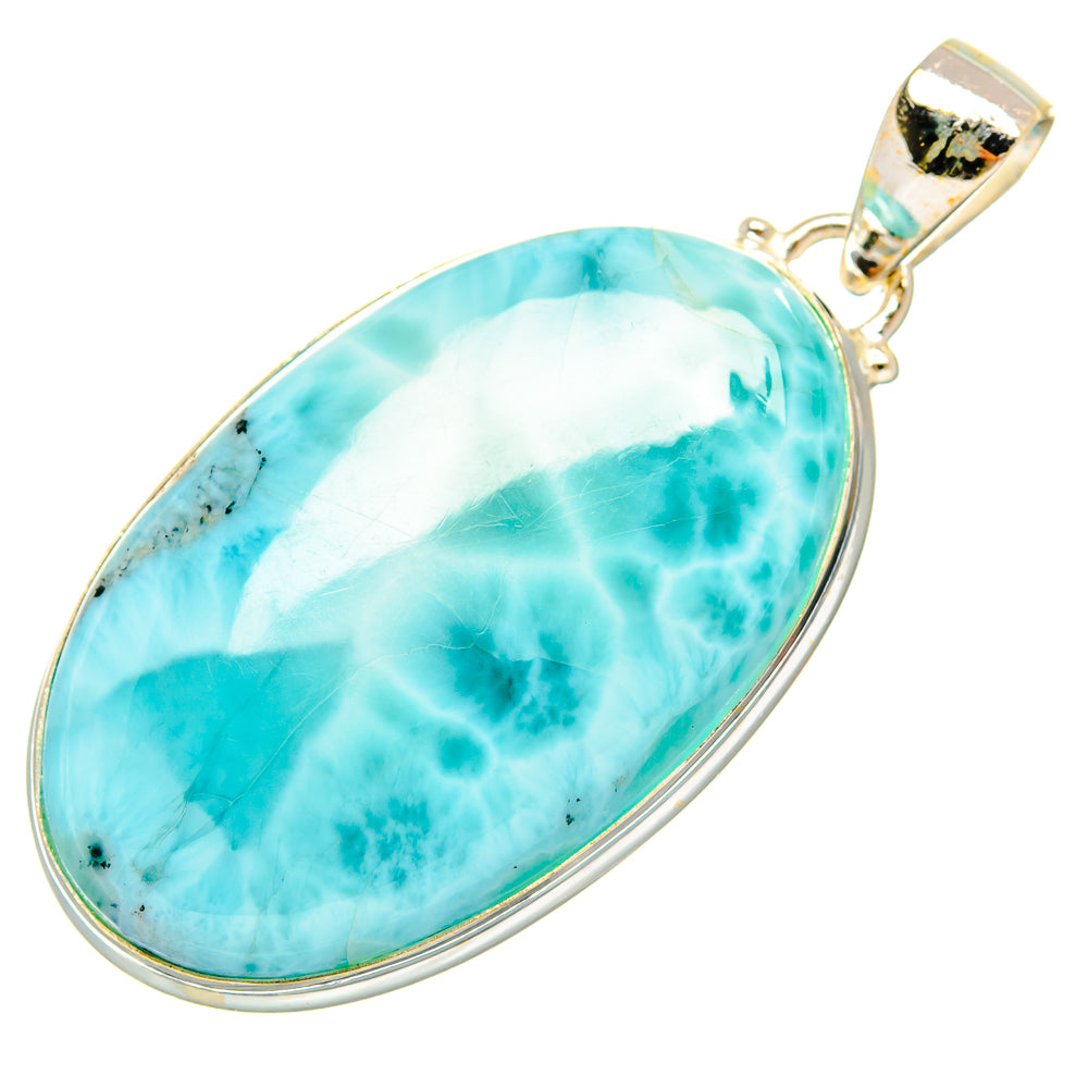 Oval Larimar gemstone pendant in 925 sterling silver bezel, with bail