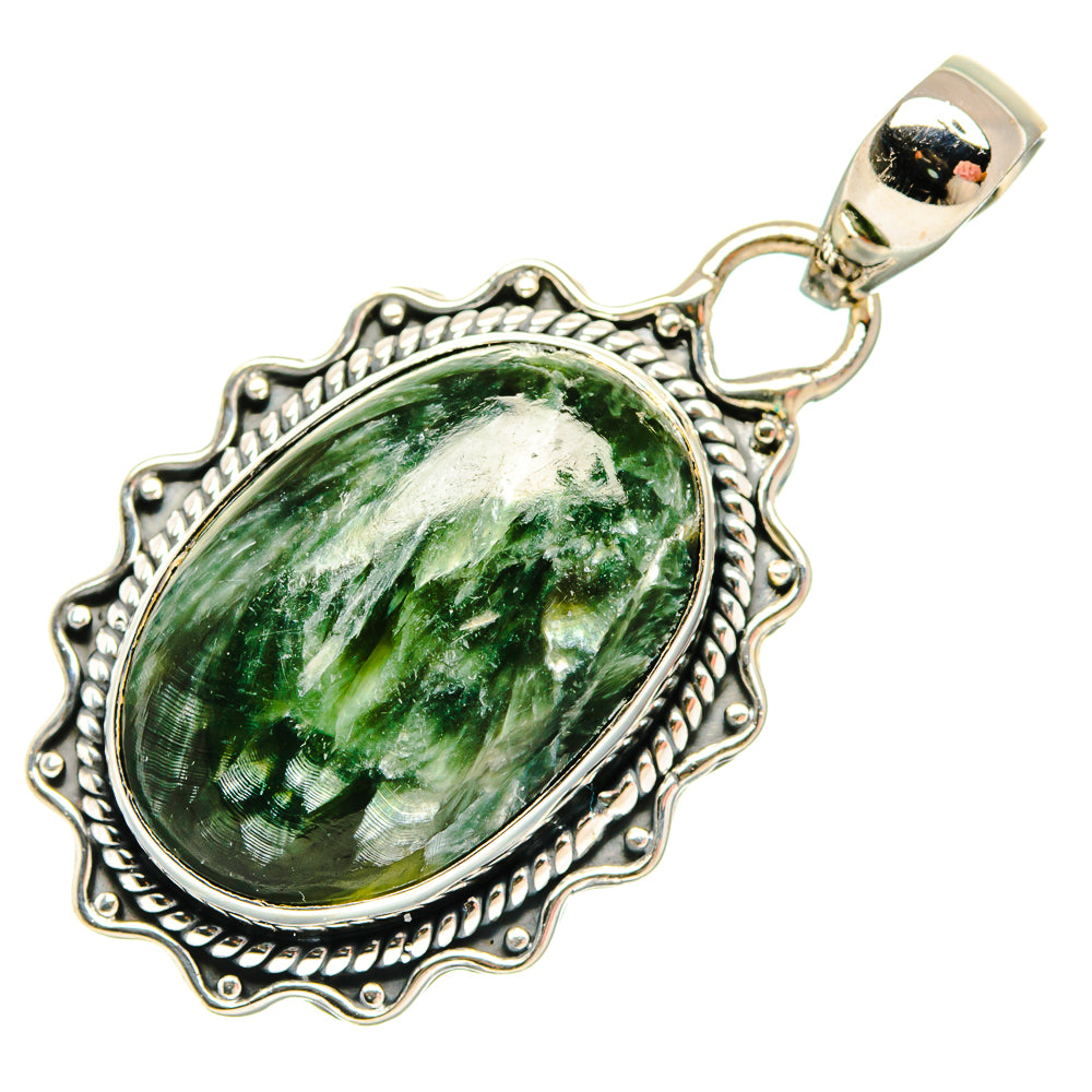 925 sterling silver seraphinite pendant with ornate oval bezel and polished bail