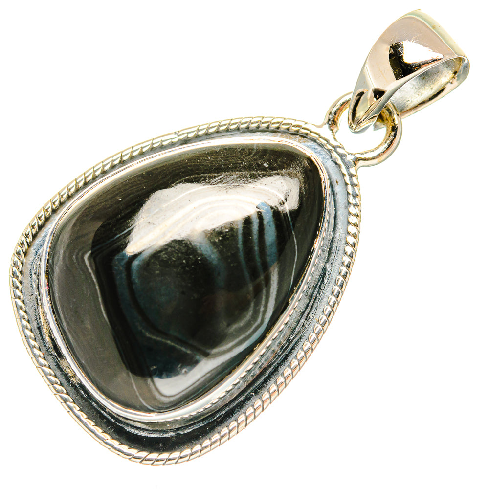 Teardrop psilomelane pendant in 925 sterling silver with rope edge and top bail