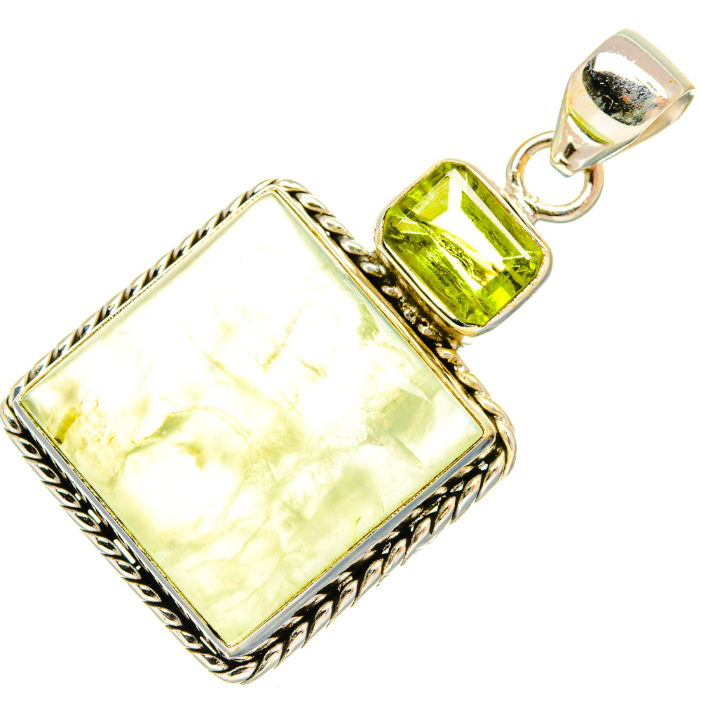 Sterling silver pendant with square light yellow stone and small green peridot accent