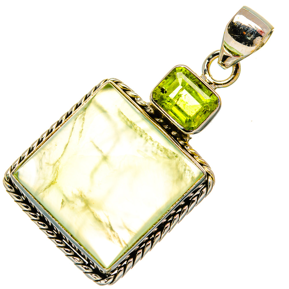 Square opalescent pendant with peridot green top stone and braided 925 silver frame.