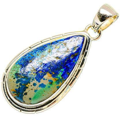 Azurite teardrop pendant in 925 sterling silver, blue-green stone in gold-tone bezel