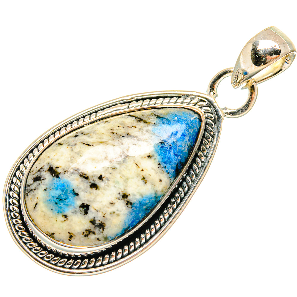 Sterling silver azurite teardrop pendant with blue stone bezel and loop bail