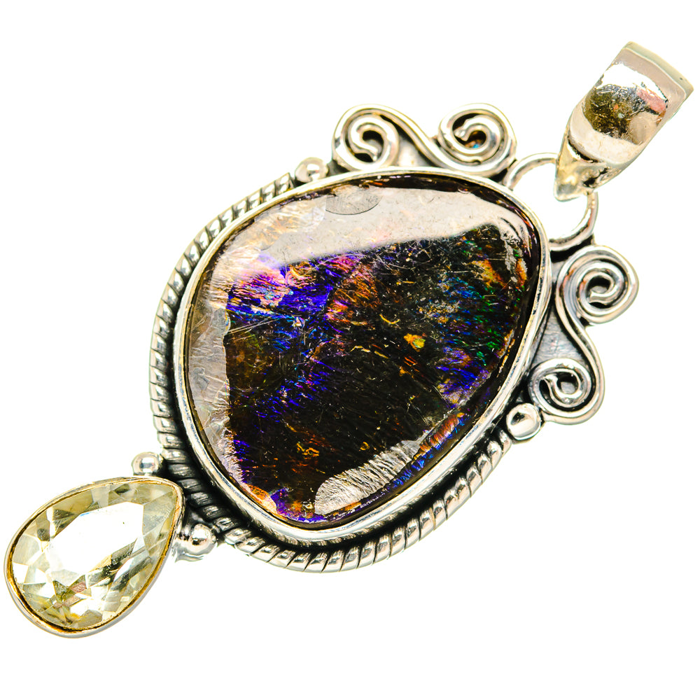 Sterling silver ammolite pendant with iridescent black center and two teardrop stones