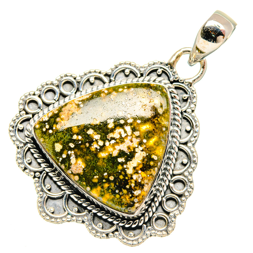 Heart-shaped ocean jasper pendant with green-and-gold speckled stone, 925 silver filigree