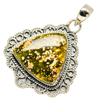 Heart-shaped ocean jasper pendant with green-and-gold speckled stone, 925 silver filigree