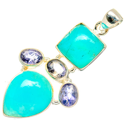 925 sterling silver pendant with turquoise amazonite and purple tanzanite, geometric mixed shapes