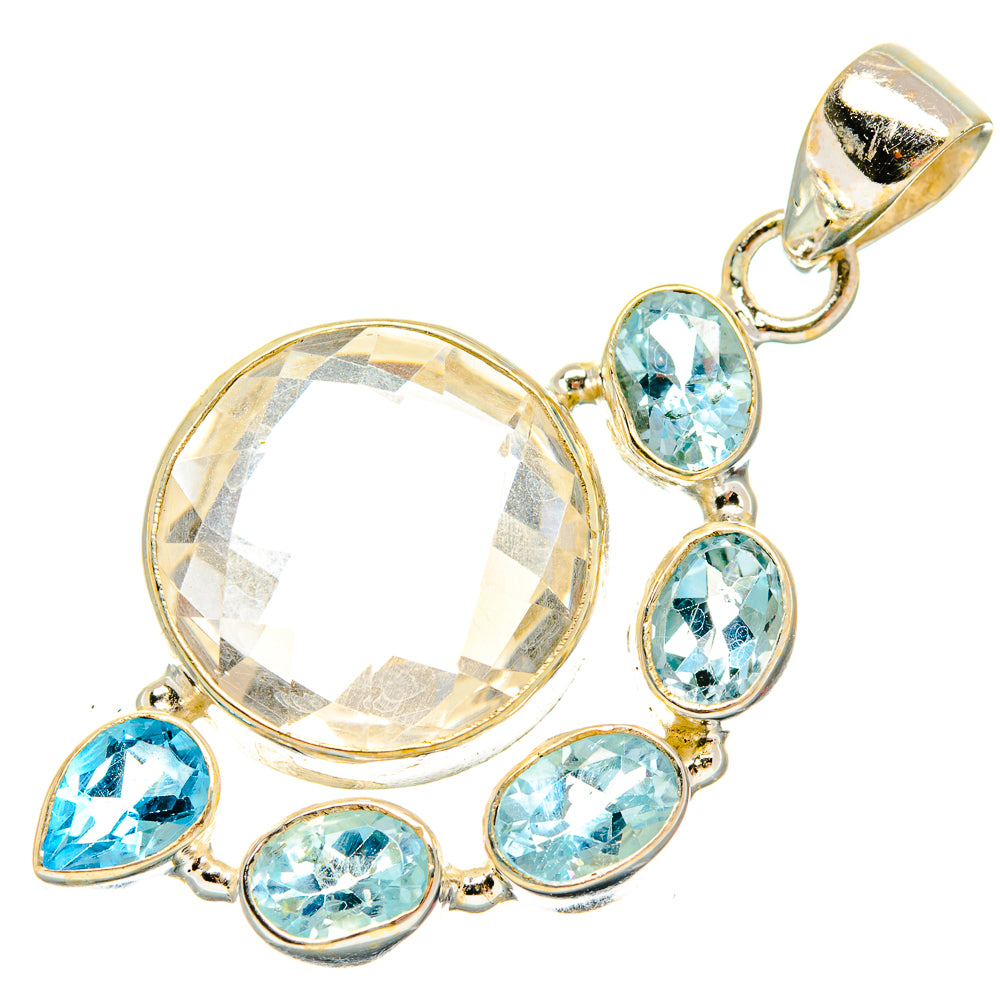 Sterling silver white quartz and blue topaz pendant with oval center and pear/round stones