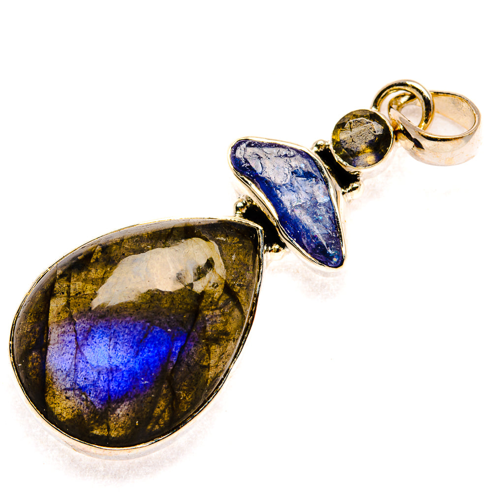 Labradorite and tanzanite pendant in 925 sterling silver, teardrop gemstones with bail