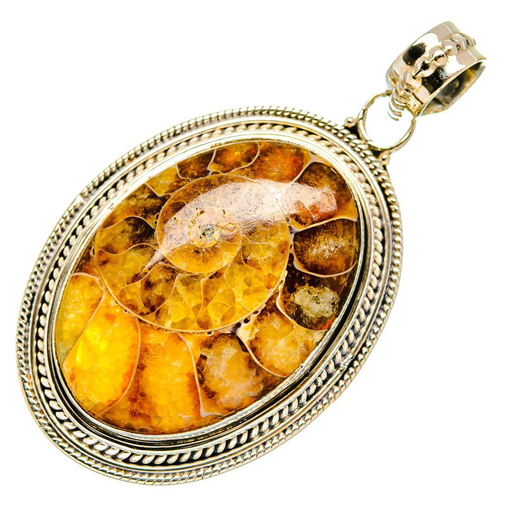 Oval ammonite fossil pendant, sterling silver bezel with amber-brown swirl pattern