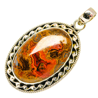 Oval Moroccan agate pendant in 925 sterling silver, ornate rope frame with bail