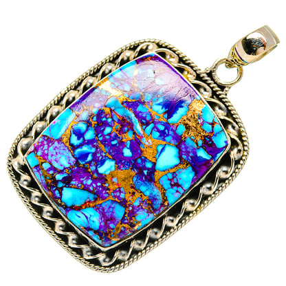 Square turquoise composite pendant in purple, blue, and gold with ornate silver bezel