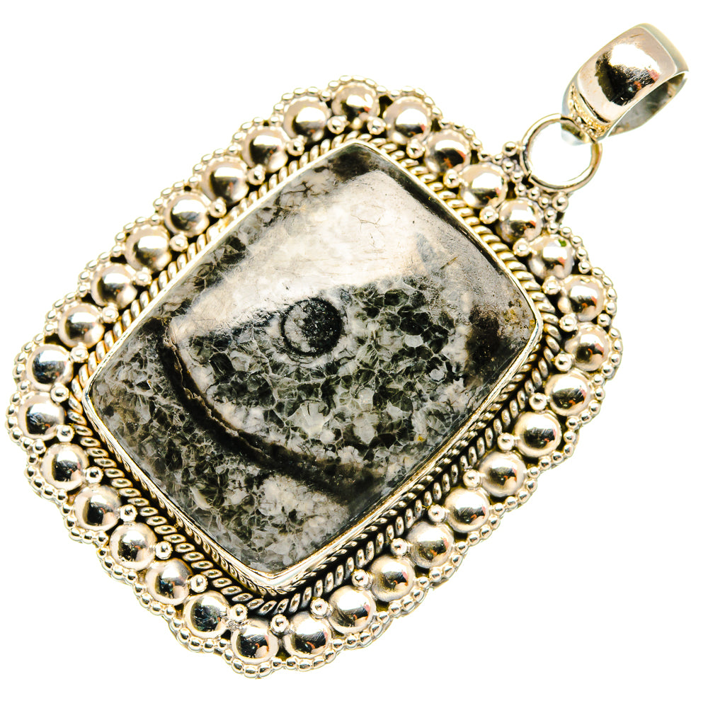 925 sterling silver rectangular fossil pendant with scalloped beaded border and loop bail