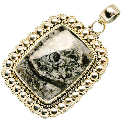 925 sterling silver rectangular fossil pendant with scalloped beaded border and loop bail