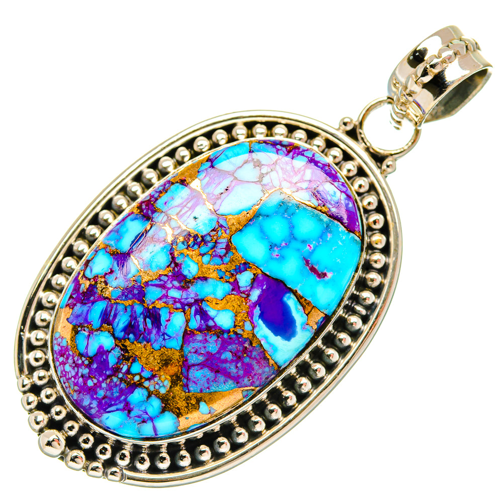 Oval turquoise and purple gemstone pendant with silver beaded edge and loop bail