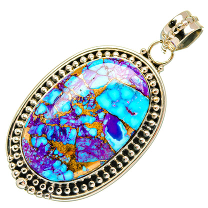 Oval turquoise and purple gemstone pendant with silver beaded edge and loop bail