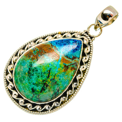 Chrysocolla teardrop pendant with loop bail and filigree 925 sterling silver setting