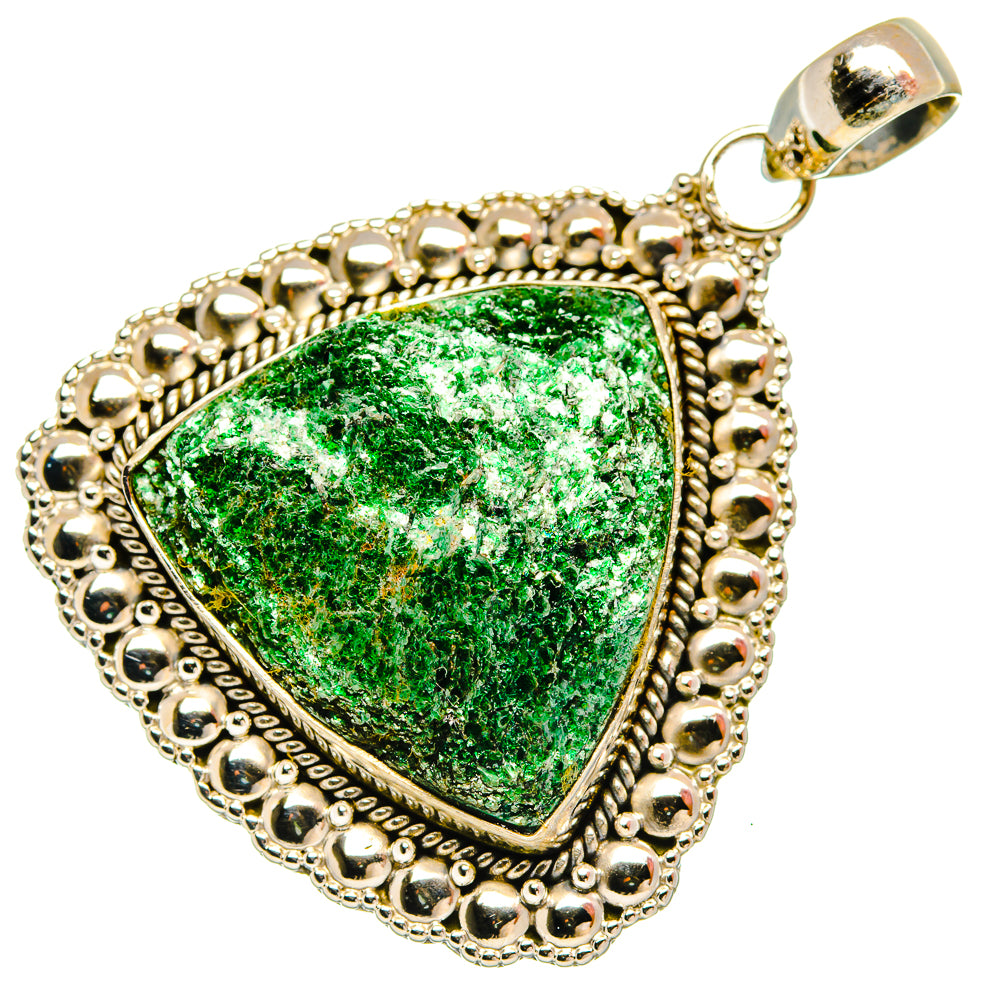 Green fuchsite triangle pendant in ornate 925 sterling silver bezel with bail.