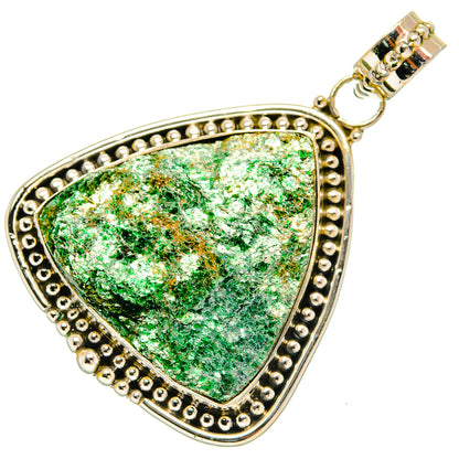 Green fuchsite triangular pendant in silver with beaded bezel and loop bail