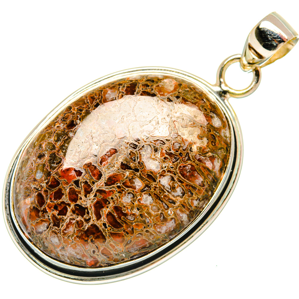 Oval dinosaur bone pendant in 925 sterling silver with amber-brown marbled cabochon