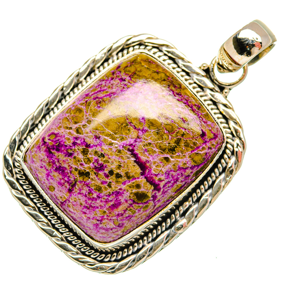 Stichtite pendant in ornate 925 sterling silver bezel with purple and gold stone