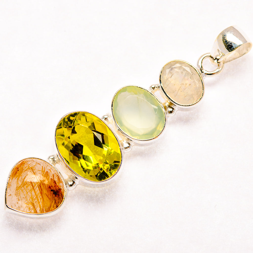 Multicolor oval gemstone pendant in 925 sterling silver, faceted yellow and green stones
