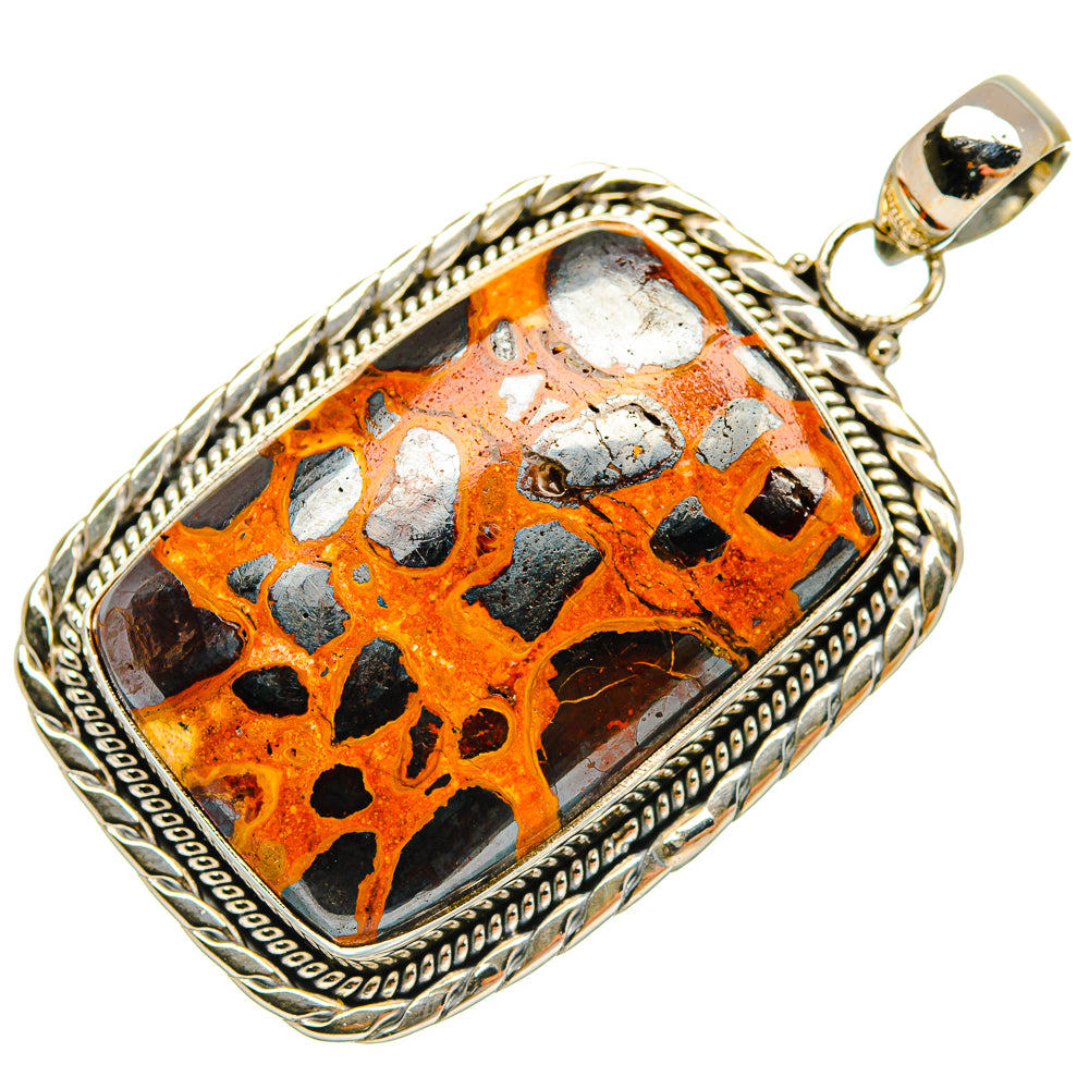 925 sterling silver bauxite pendant with orange-and-black stone, ornate bezel and bail