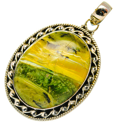 Oval green-yellow opal pendant with decorative rope-edge sterling silver setting and bail.