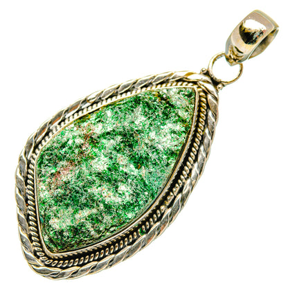 Green fuchsite teardrop pendant, textured 925 sterling silver frame and loop bail