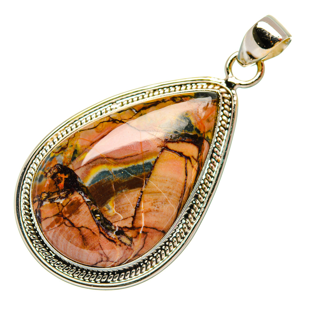 Teardrop jasper gemstone pendant in 925 sterling silver, ornate frame and bail