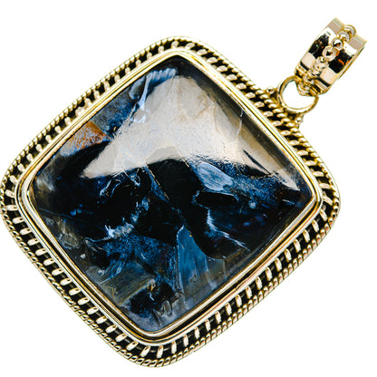 Square blue pietersite pendant with ornate gold-tone bezel and sterling silver bail