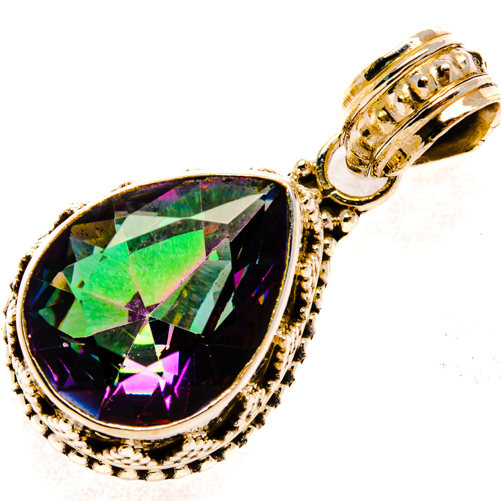 Sterling silver mystic topaz teardrop pendant with faceted iridescent gem and ornate bezel