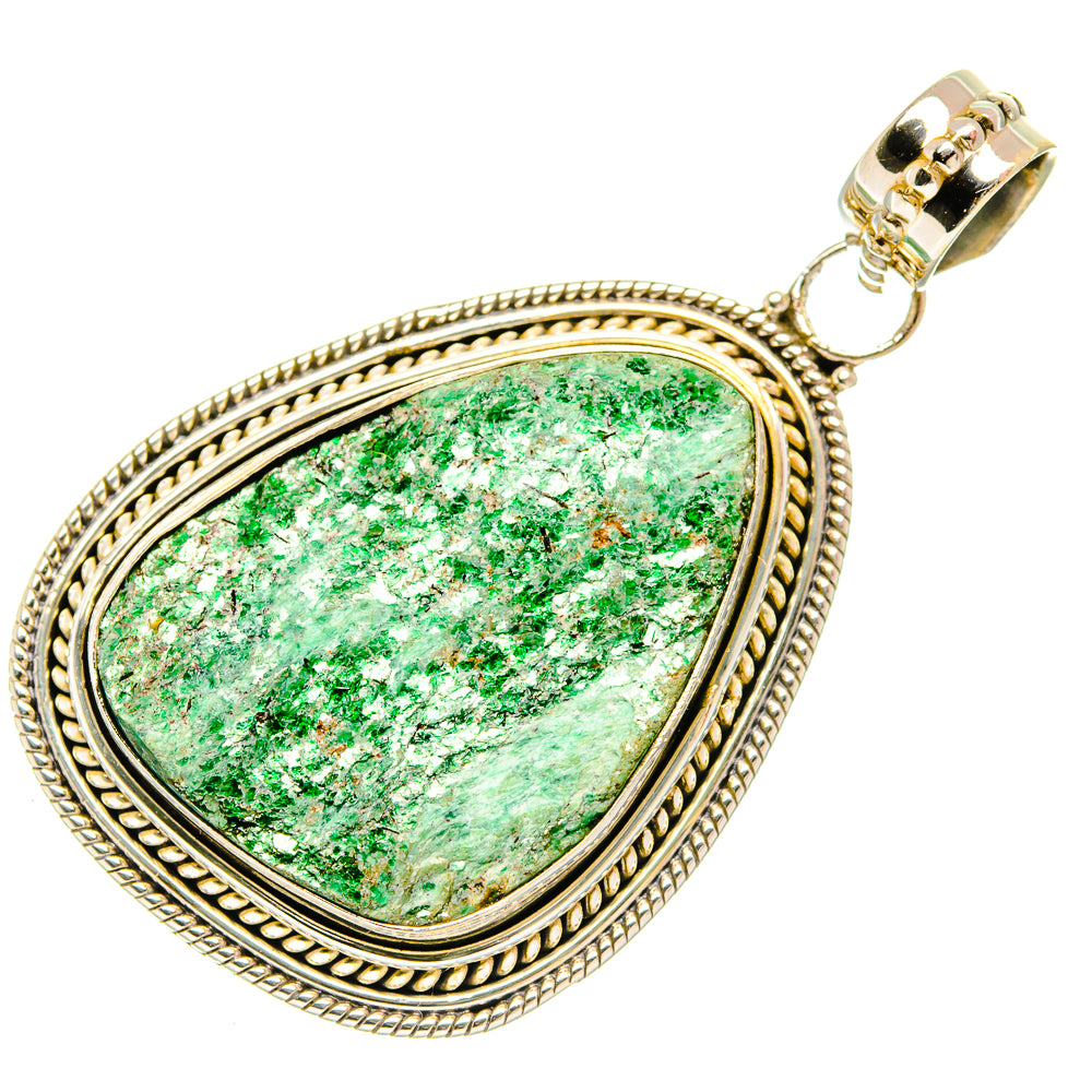 Green fuchsite pendant with teardrop cabochon, ornate 925 sterling silver frame and bail