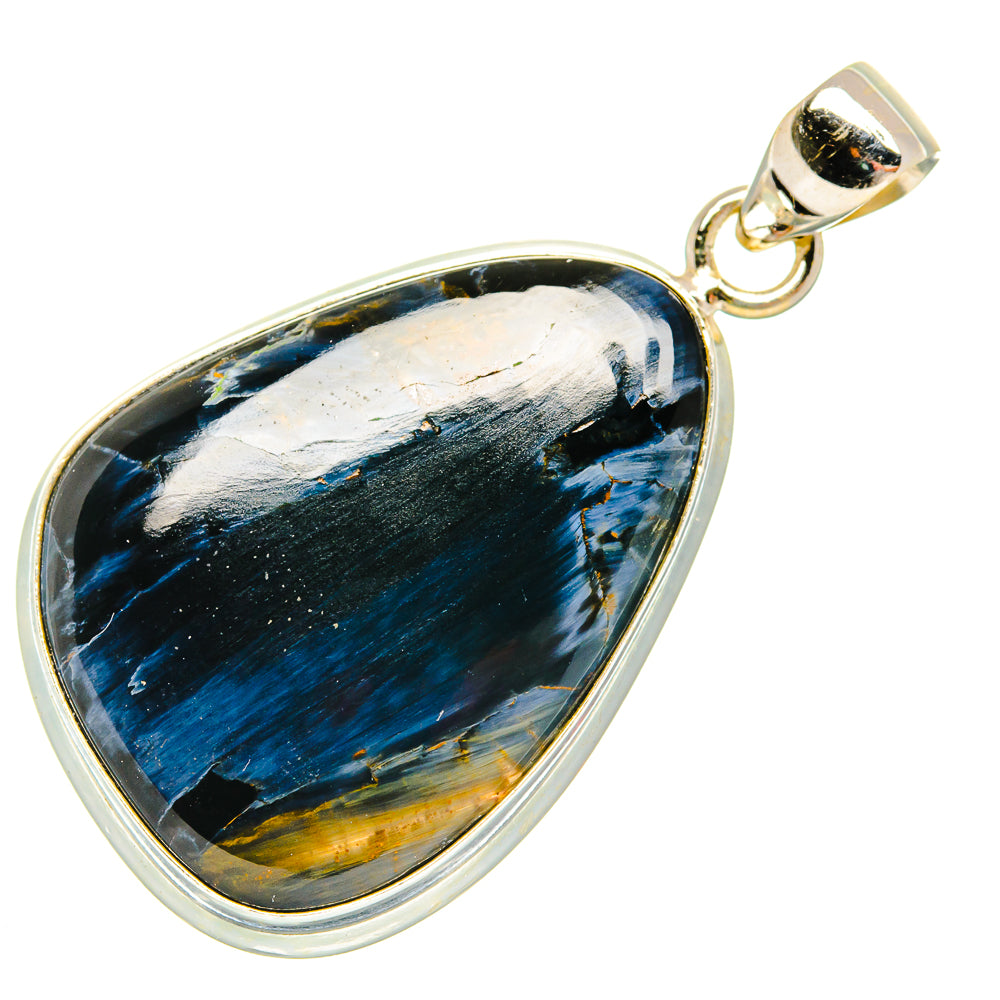 Pietersite pendant in teardrop bezel with blue and gold stone, 925 sterling silver bail