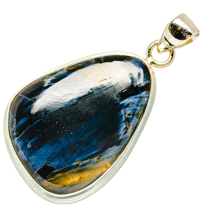 Pietersite pendant in teardrop bezel with blue and gold stone, 925 sterling silver bail