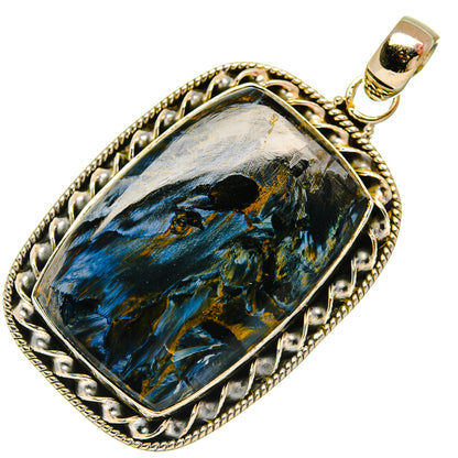 Pietersite pendant in 925 sterling silver with rectangular blue stone and ornate bezel