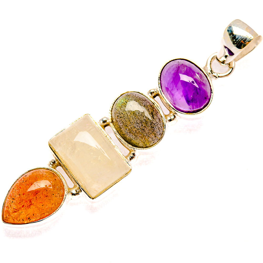 Sterling silver pendant with amethyst oval, green round, clear rectangle, orange teardrop