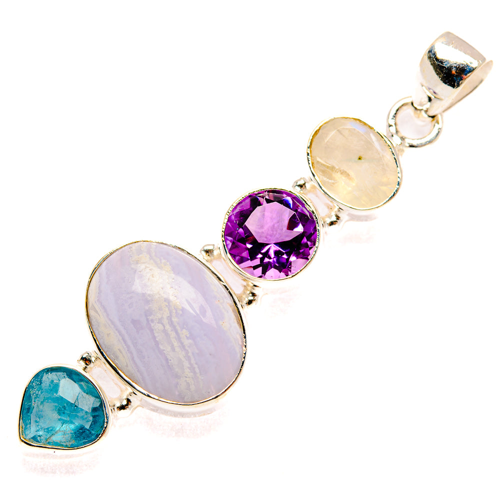 Sterling silver gemstone pendant with purple round stone, oval moonstone, and blue teardrop