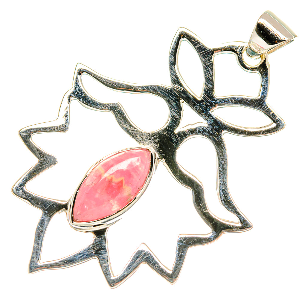 Sterling silver rhodochrosite pendant featuring black starburst frame and pink teardrop gemstone